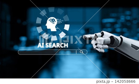 Futuristic AI Search Concept with Robotic Hand Pointing and Digital Brain Visualization in Modern Technology Environment Synapse Futuristic AI Search Concept with Robotic Hand Pointing and Digital Brain Visualization in Modern Technology Environment Synapse 142058666