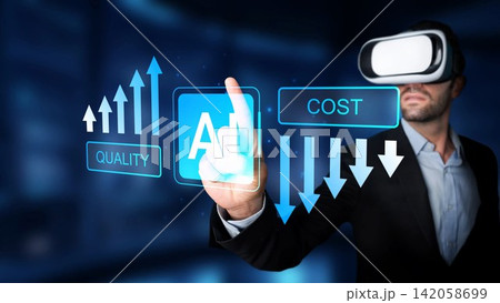Businessman in Virtual Reality Set Enhancing Quality and Cost Efficiency with Data Visualization in a Futuristic Digital Environment Gluon Businessman in Virtual Reality Set Enhancing Quality and Cost Efficiency with Data Visualization in a Futuristic Digital Environment Gluon 142058699