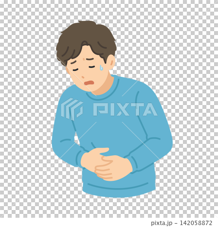 腹痛,身著休閒服的男子,平面插圖 腹痛,身著休閒服的男子,平面插圖 142058872