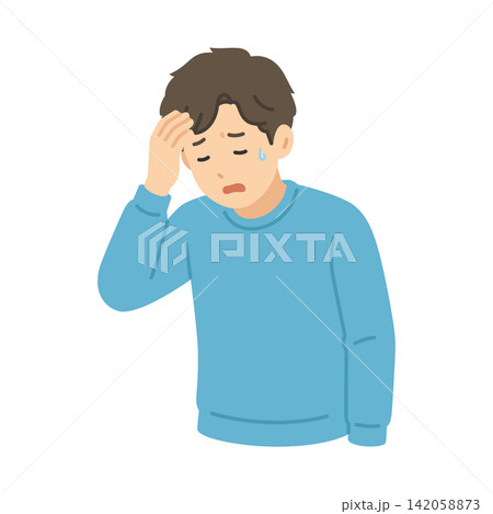 頭痛倦怠感,私服男性,フラットイラスト 頭痛倦怠感,私服男性,フラットイラスト 142058873