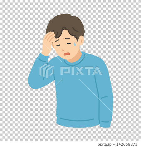 頭痛倦怠感,私服男性,フラットイラスト 頭痛倦怠感,私服男性,フラットイラスト 142058873