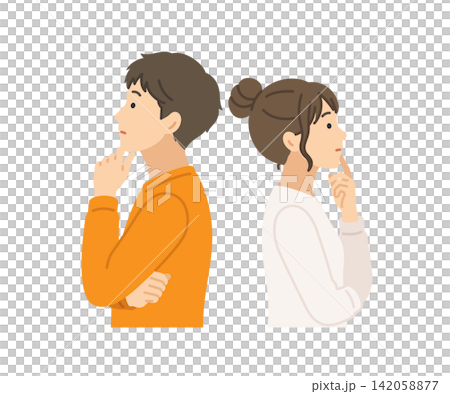 思考2,穿著休閒的男女,扁平化插圖 思考2,穿著休閒的男女,扁平化插圖 142058877