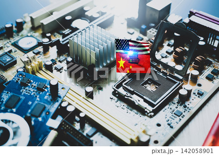 Chip shortage and US-China trade conflict. Global chip shortage crisis and China-United States trade war concept. China flag and US flag on computer on chip elctronic circuit board. Computer hardware. Chip shortage and US-China trade conflict. Global chip shortage crisis and China-United States trade war concept. China flag and US flag on computer on chip elctronic circuit board. Computer hardware. 142058901