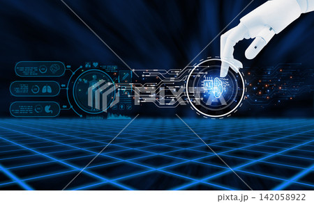 Robot hand and medical artificial intelligence. Medical diagnosis AI. Health tech. AI diagnostics. Health diagnosis technology. Big data healthcare. Healthcare analytics. Healthcare innovation. Robot hand and medical artificial intelligence. Medical diagnosis AI. Health tech. AI diagnostics. Health diagnosis technology. Big data healthcare. Healthcare analytics. Healthcare innovation. 142058922