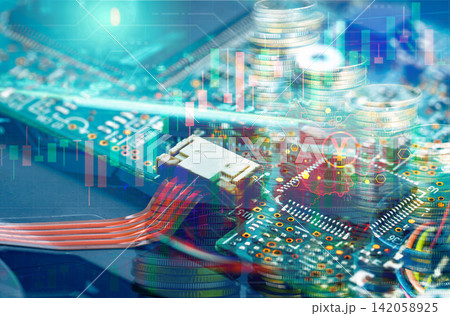 Electronic circuit board on background of Yuan currency sign, coin stack, and China map. Growth stock market graph. Mainboard of computer. Electronic industry in China. Chip shortage and trade war. Electronic circuit board on background of Yuan currency sign, coin stack, and China map. Growth stock market graph. Mainboard of computer. Electronic industry in China. Chip shortage and trade war. 142058925