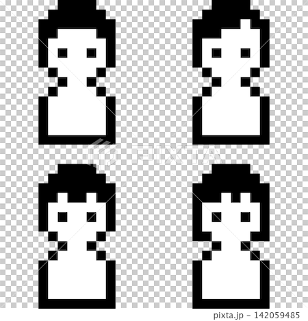 Set of 4 black and white pixel art mini icons, featuring a person with short hair. Set of 4 black and white pixel art mini icons, featuring a person with short hair. 142059485