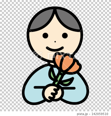 一個男孩手持鮮花;康乃馨;母親節。 一個男孩手持鮮花;康乃馨;母親節。 142059510