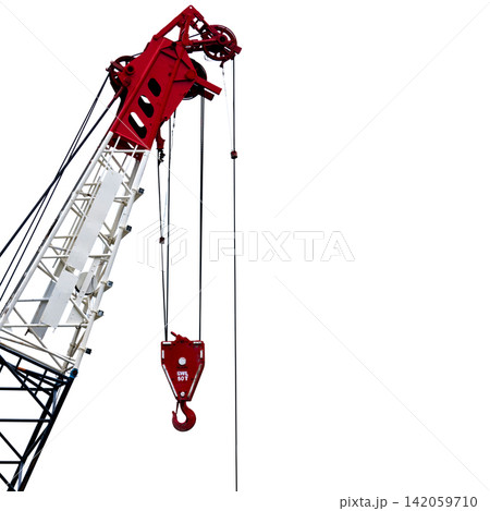 Heavy duty lattice boom crane with industrial lifting hook isolated against white background. Construction engineering, infrastructure projects, heavy lifting equipment and industrial technology. Heavy duty lattice boom crane with industrial lifting hook isolated against white background. Construction engineering, infrastructure projects, heavy lifting equipment and industrial technology. 142059710