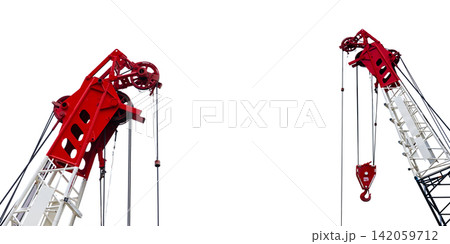 Construction crane for heavy lifting isolated on white background. Construction industry. Closeup red-white crane for lift equipment. Crane for rent. Crane dealership for construction business. Construction crane for heavy lifting isolated on white background. Construction industry. Closeup red-white crane for lift equipment. Crane for rent. Crane dealership for construction business. 142059712