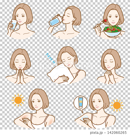 一組描繪女性養成健康生活習慣和做好紫外線防護的插圖。 一組描繪女性養成健康生活習慣和做好紫外線防護的插圖。 142060265