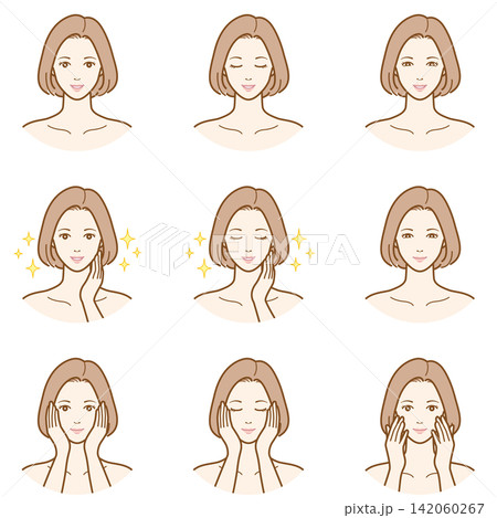 スキンケアと美肌の女性の表情イラストセット スキンケアと美肌の女性の表情イラストセット 142060267