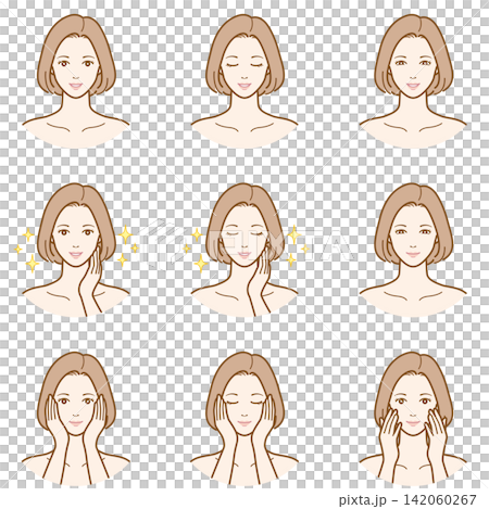 スキンケアと美肌の女性の表情イラストセット スキンケアと美肌の女性の表情イラストセット 142060267