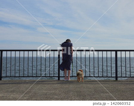 夏の海の海岸で可愛いポメラニアンの子犬を連れて散歩する十代の女の子の子供の姿	 142060352