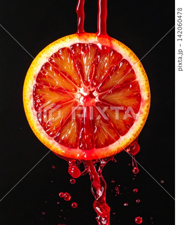 A halved blood orange bursts mid-splash, droplets of juice A halved blood orange bursts mid-splash, droplets of juice 142060478