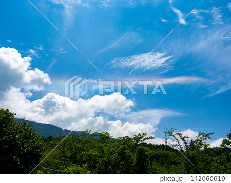 青空に浮かぶ白い雲に虹色の色が付いている彩雲 青空に浮かぶ白い雲に虹色の色が付いている彩雲 142060619