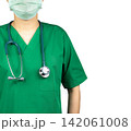 Healthcare professional in green medical scrubs with stethoscope and surgical face mask isolated on white background for hospital services, patient care, clinical medicine and healthcare promotion. 142061008