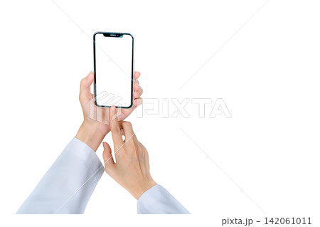 Doctor using a smartphone for telemedicine, digital healthcare, online consultation and hospital services. Healthcare apps, telehealth, patient communication and clinical service. Online medical care. 142061011