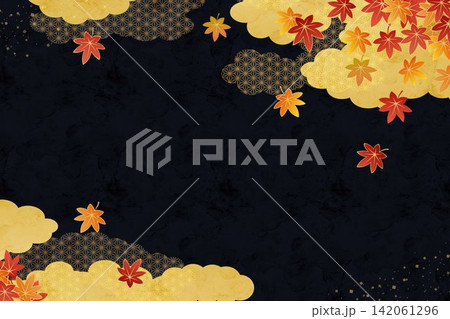 赤い紅葉と金色の雲、伝統文様を配した日本の秋の背景 142061296