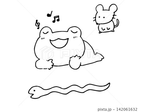 歌うカエルとネズミとヘビの可愛いモノクロイラストセット 塗り絵・プリント用 歌うカエルとネズミとヘビの可愛いモノクロイラストセット 塗り絵・プリント用 142061632