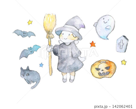 ハロウィンのかわいい水彩イラストセット ハロウィンのかわいい水彩イラストセット 142062401
