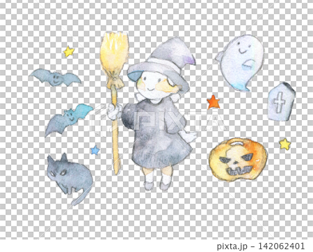 可愛的萬聖節水彩插畫套裝 142062401
