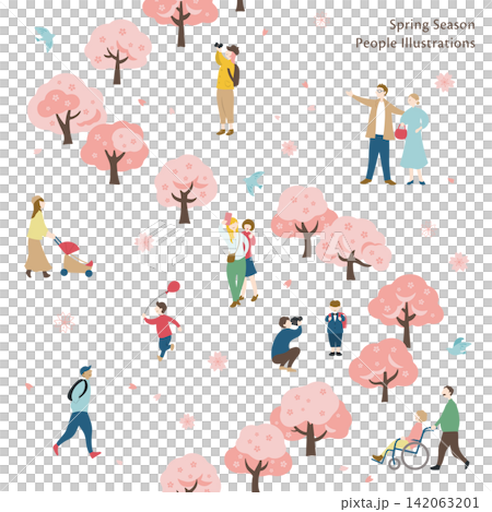 Illustration of people enjoying cherry blossoms and spring (a row of cherry trees) Illustration of people enjoying cherry blossoms and spring (a row of cherry trees) 142063201