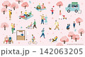桜と春を楽しむ人々のイラスト（ワイドサイズ） 142063205