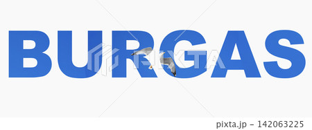 Burgas word with Flying Seagull. Bold blue Burgas typography with flying seagull integrated into lettering on white background. Modern coastal travel concept, Burgas and Black Sea tourism in Bulgaria 142063225