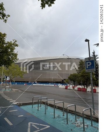 Exterior view of Bernabeu Stadium in Madrid Spain with the new Bernabeu sign on the stadium facade 142063241