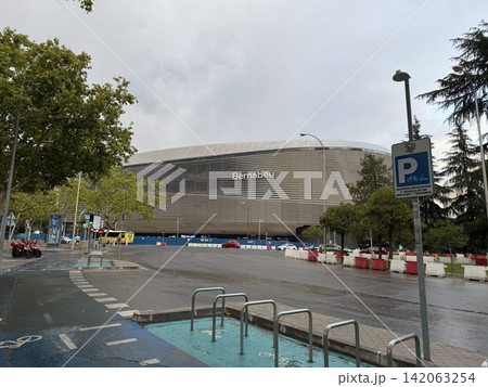 Exterior view of Bernabeu Stadium in Madrid Spain with the new Bernabeu sign on the stadium facade Exterior view of Bernabeu Stadium in Madrid Spain with the new Bernabeu sign on the stadium facade 142063254