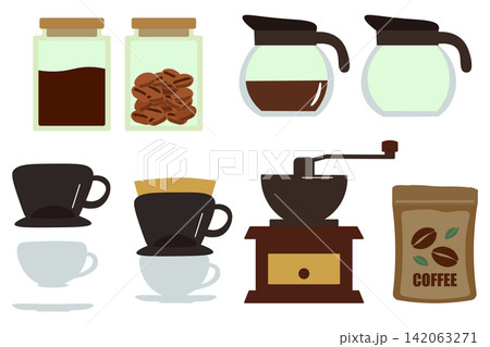 コーヒー豆と淹れる道具のイラストセット コーヒー豆と淹れる道具のイラストセット 142063271