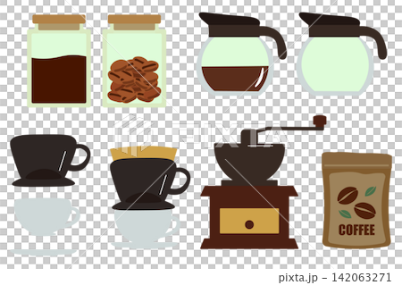 コーヒー豆と淹れる道具のイラストセット コーヒー豆と淹れる道具のイラストセット 142063271