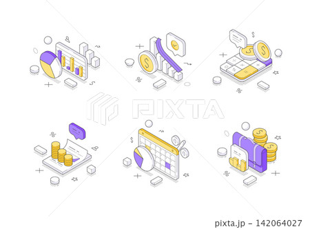 Financial Report And Business Audit Analytics Isometric Vector Illustration Icon Set 142064027
