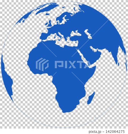 Minimalist blue globe of planet Earth with continent outlines on transparent background. 142064275