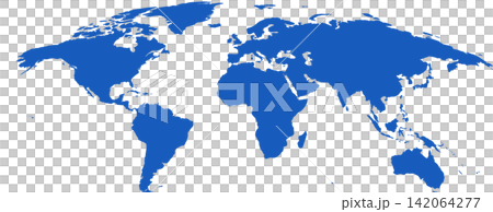 Blue curved world map on a transparent background. Spherical blue map of planet Earth continents. Blue curved world map on a transparent background. Spherical blue map of planet Earth continents. 142064277
