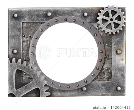 Steampunk industrial mechanical mockup template with metallic frame. Metallic frame with vintage metal detail, gear, retro rivets. Copy space. Isolated on white. Vintage industrial frame mockup design Steampunk industrial mechanical mockup template with metallic frame. Metallic frame with vintage metal detail, gear, retro rivets. Copy space. Isolated on white. Vintage industrial frame mockup design 142064412