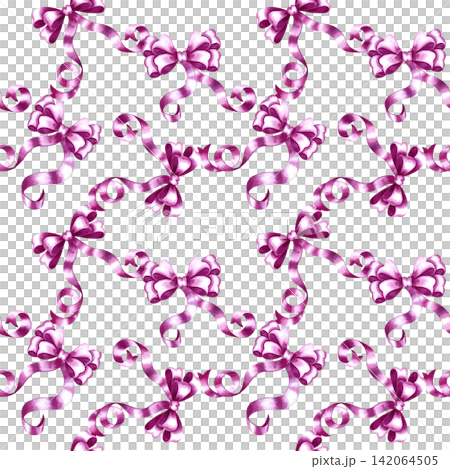 A seamless pattern of pink ribbon bows. A hand painted watercolor illustration. Perfect for textiles, clothing, tablecloths and curtains, wrapping paper, wallpaper, and much more. A seamless pattern of pink ribbon bows. A hand painted watercolor illustration. Perfect for textiles, clothing, tablecloths and curtains, wrapping paper, wallpaper, and much more. 142064505