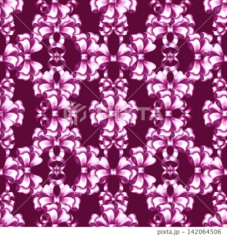 A seamless pattern of pink ribbon bows. A hand drawn watercolor illustration. Against a dark pink background. Ideal for textiles, tablecloths and curtains, wrapping paper, wallpaper, and much more. 142064506