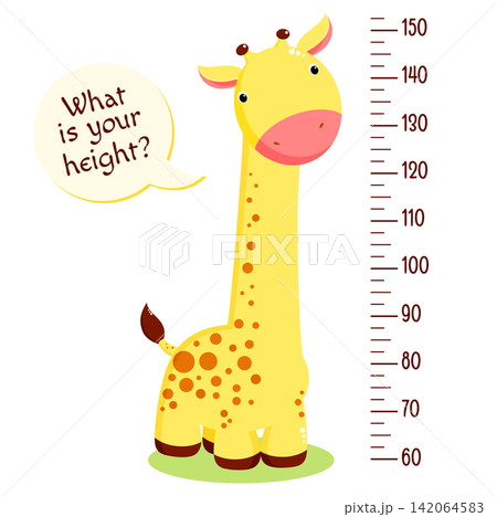 Height chart with cute baby giraffe. Kids meter with cartoon animal. Inscription - What is your height? Meter wall or baby scale of growth. Vector EPS8 Height chart with cute baby giraffe. Kids meter with cartoon animal. Inscription - What is your height? Meter wall or baby scale of growth. Vector EPS8 142064583