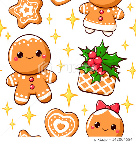 Merry Christmas Vector seamless pattern with cute gingerbread. Endless texture can be used winter holiday label, t-shirt print, greeting card, pattern fills, fabric design Merry Christmas Vector seamless pattern with cute gingerbread. Endless texture can be used winter holiday label, t-shirt print, greeting card, pattern fills, fabric design 142064584