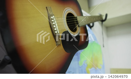 Image Featuring Guitar Leaning On World Globe With Reflective Pickguard And Ambient Educational Vibe . Media Image Featuring Guitar Leaning On World Globe With Reflective Pickguard And Ambient Educational Vibe . Media 142064970