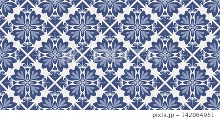 Seamless mosaic design with ornate floral motifs. Traditional azulejo ornaments in blue colors. Portuguese, Spanish and Moroccan decorative art styles. Vector background with Mediterranean tiles Seamless mosaic design with ornate floral motifs. Traditional azulejo ornaments in blue colors. Portuguese, Spanish and Moroccan decorative art styles. Vector background with Mediterranean tiles 142064981