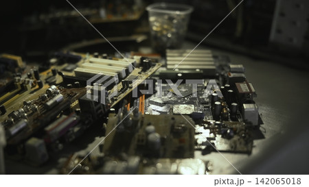 Detailed View Of Circuit Components. Closeup Of Motherboard With Stacked Elements And Connectors . Media Detailed View Of Circuit Components. Closeup Of Motherboard With Stacked Elements And Connectors . Media 142065018