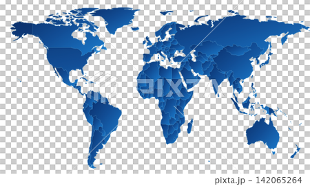 Blue gradient world map with country borders on a transparent background. Vector map of Earth continents and mainlands. 142065264