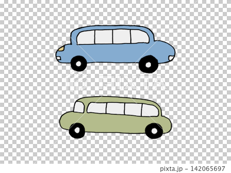 一組手繪的長條形汽車插圖(藍色和綠色) 一組手繪的長條形汽車插圖(藍色和綠色) 142065697