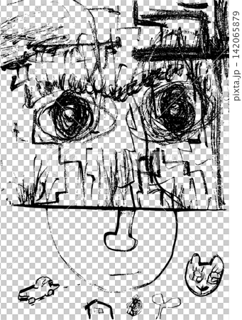 A monochrome, hand-drawn line drawing of a person with large eyes and various motifs. A monochrome, hand-drawn line drawing of a person with large eyes and various motifs. 142065879