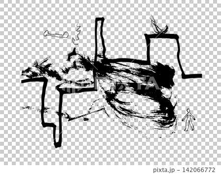 A monochrome hand-drawn line drawing of abstract forms, brushstrokes, and a walking figure. A monochrome hand-drawn line drawing of abstract forms, brushstrokes, and a walking figure. 142066772