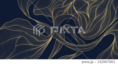 Luxury vector abstract pattern with elegant golden line waves, flowing curves, modern Japanese geometric elements on a dark background. Wallpaper, fabric, wine labels, packaging, wedding stationery Luxury vector abstract pattern with elegant golden line waves, flowing curves, modern Japanese geometric elements on a dark background. Wallpaper, fabric, wine labels, packaging, wedding stationery 142067061