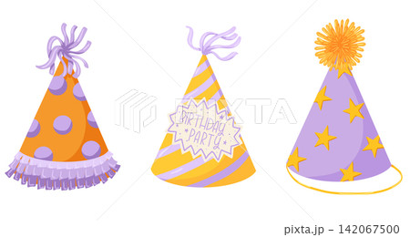 Party hat vintage set. Birthday hat vector clipart. Cartoon retro hand drawn illustration. 60s, 70s style. Cute birthday cone caps in bright colors with pompon. Festive paper caps collection. 142067500