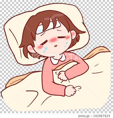一個發燒臥床不起的女孩。 一個發燒臥床不起的女孩。 142067824